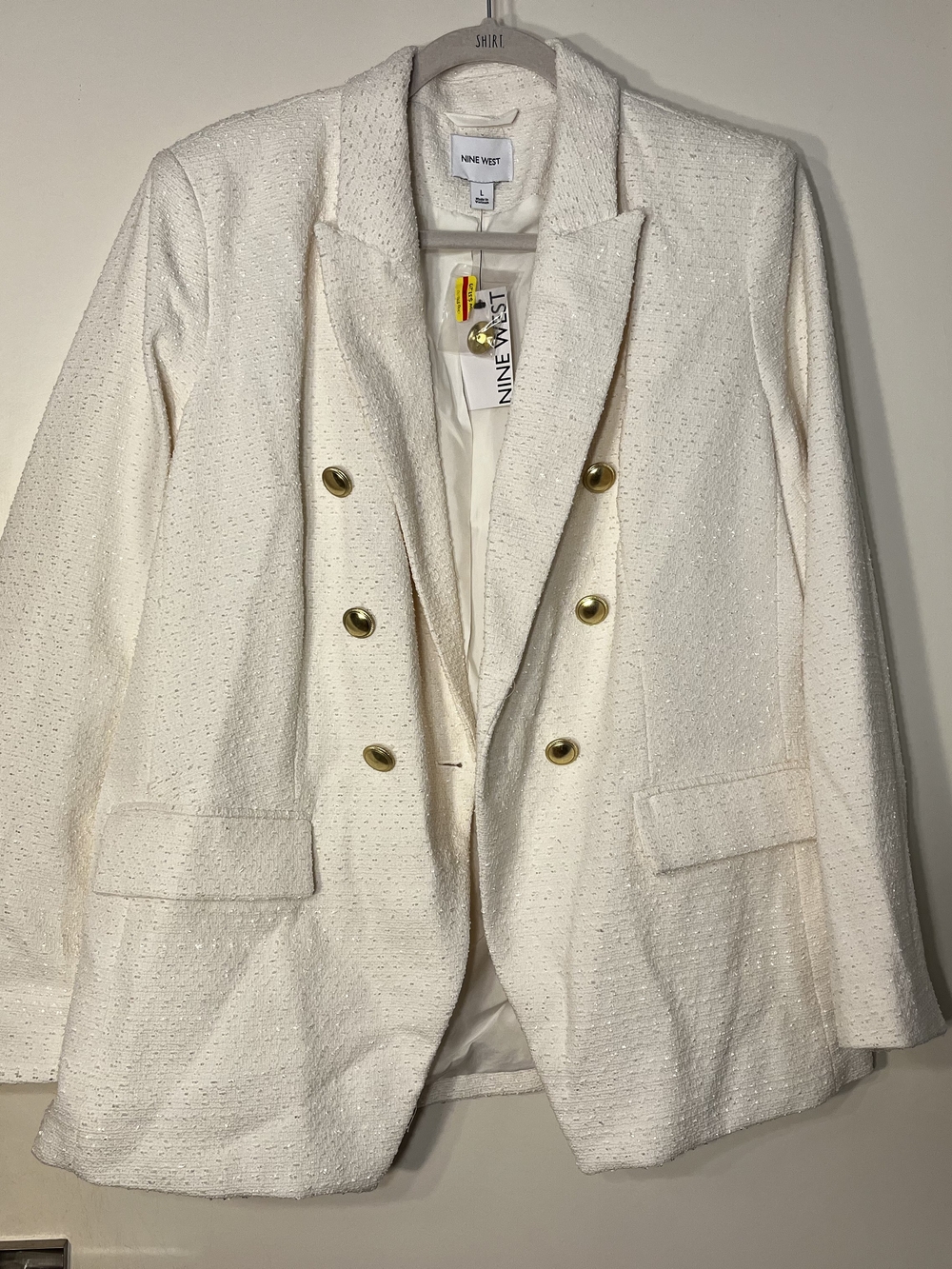 NWT Nine West Cream Double-Breasted Textured Blazer with Gold Buttons